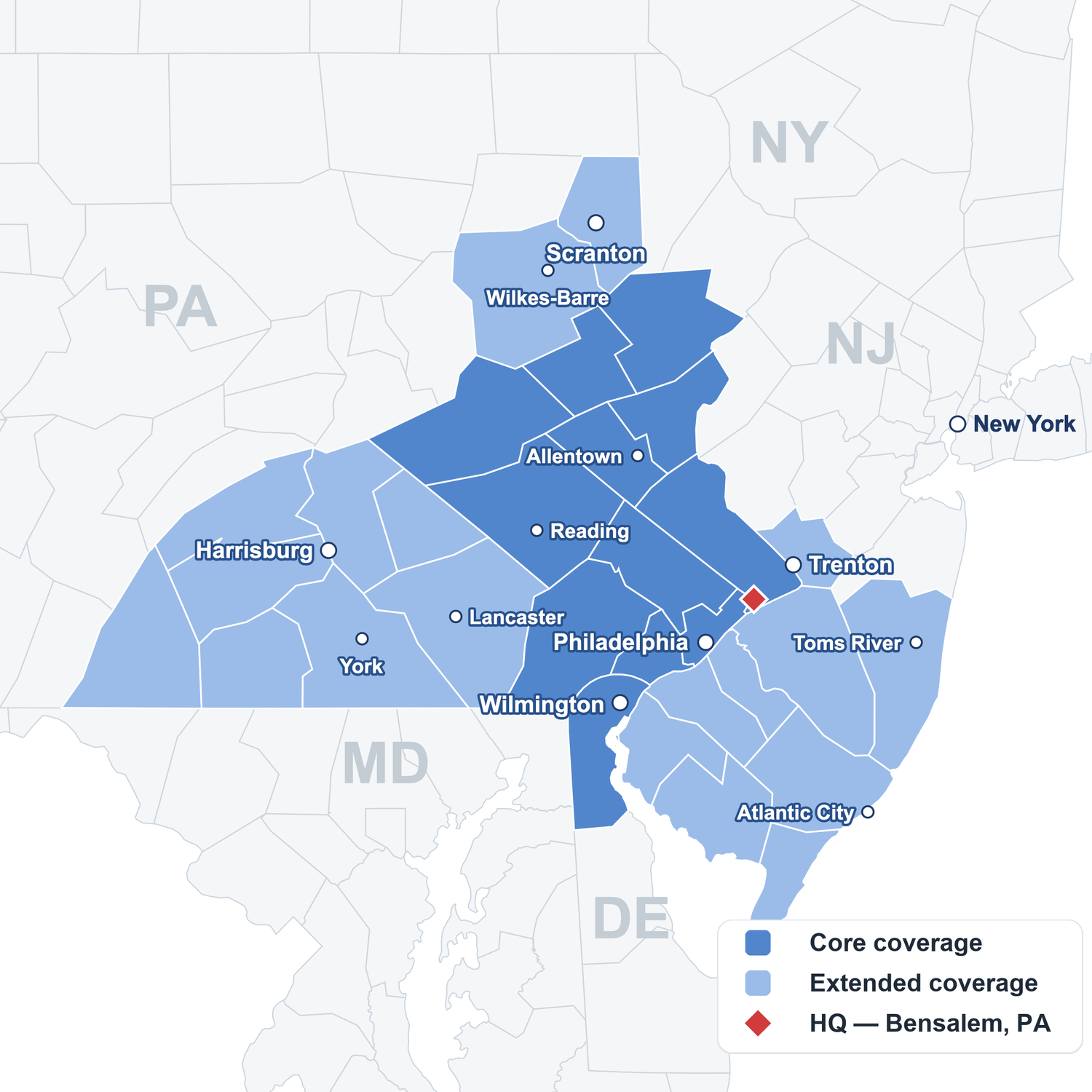 Map of the Agility Ortho coverage area across Pennsylvania, New Jersey, and Delaware, with headquarters in Bensalem, PA